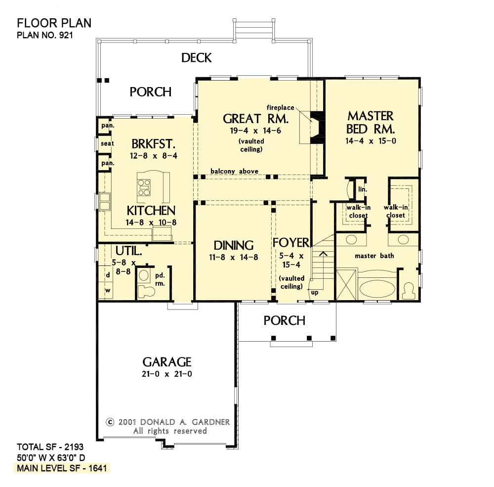 单层3卧室阿卡迪亚住宅的主要楼层平面图，带有前后门廊，门厅，大房间，正式餐厅，带早餐角的厨房，主要套房和双车库。