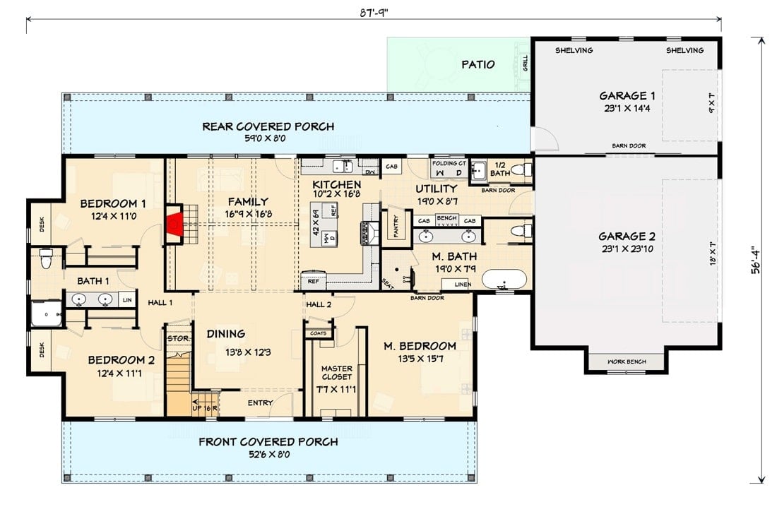 两层6卧室乡村住宅的主平面平面图，前后门廊，餐厅，家庭活动室，厨房，公用设施和三间卧室，包括主套房。