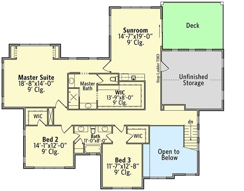 二层平面图设有一间阳光房，延伸至甲板和三间卧室，其中包括第二间主套房。