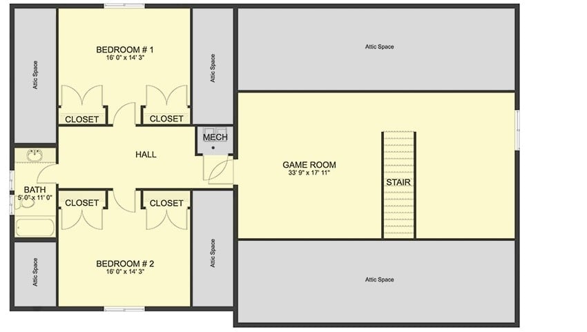 二层平面图有一间游戏室和两间共用一个完整浴室的卧室。