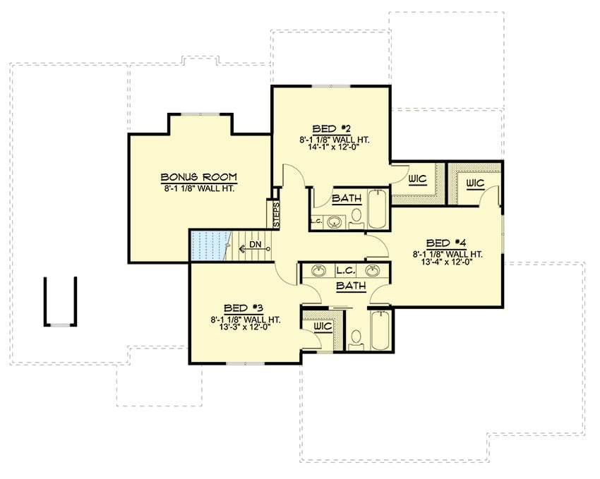 第二层平面图，三间卧室，两间浴室和一间大奖金房。