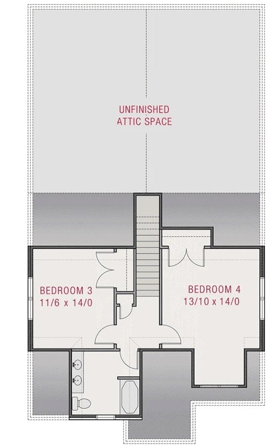 二层平面图，有两间卧室和一个共享的全浴室。