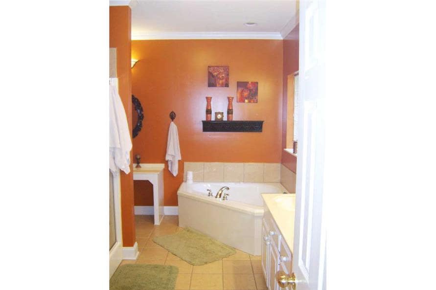 主浴室带有一间步入式淋浴间，角落里的浴缸固定在红墙上。