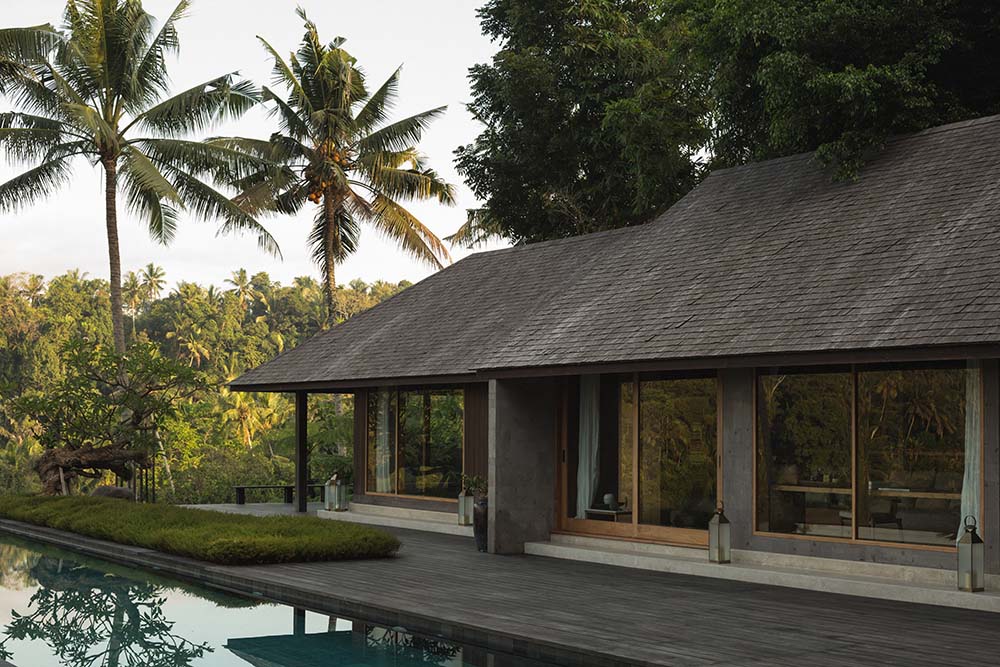 这是泳池边区域的另一个视角，可以看到玻璃墙和土质屋顶，辅以高大的热带树木。