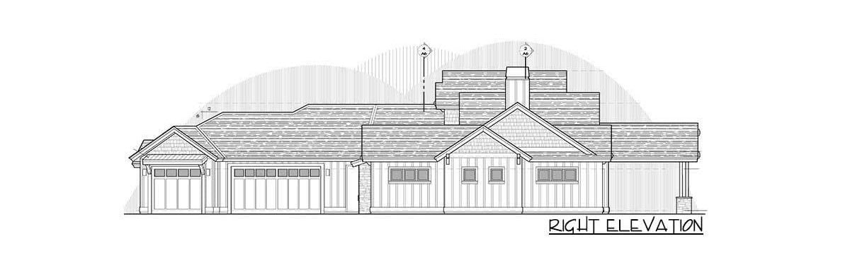 这座两层四卧室的山地牧场住宅的右立面草图。