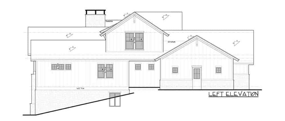 左立面草图的两层四卧室的新美国山区住宅。