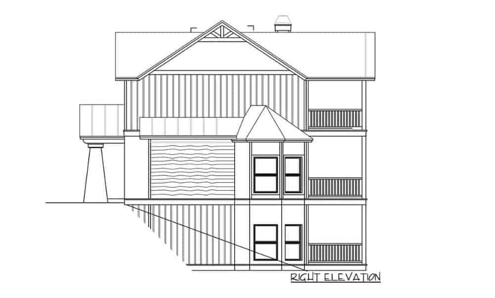 两层四卧室的乡村山区住宅的右立面草图。