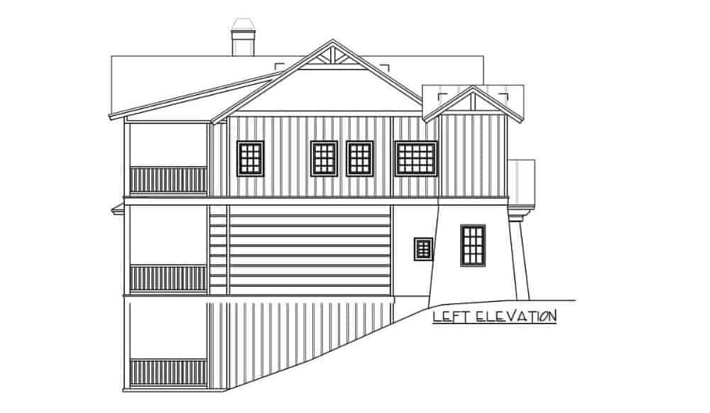 左立面的两层四卧室的乡村山区住宅草图。
