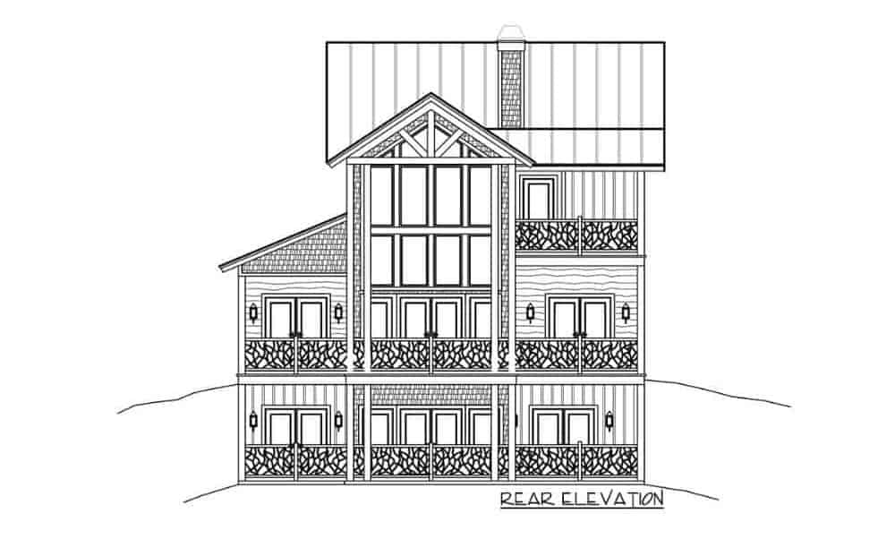 两层四卧室的乡村山区住宅的仰角草图。