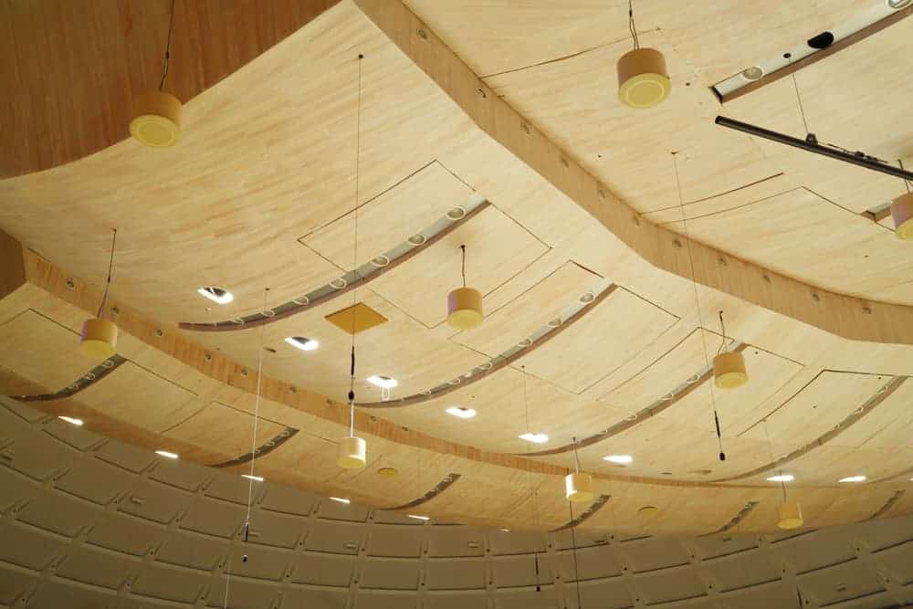 这是一个音乐厅的近距离观察，音乐厅的天花板上有悬挂式隔音板。