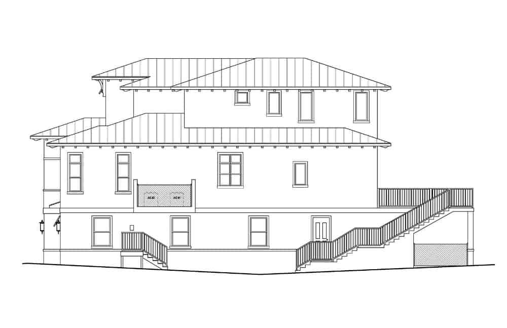 三卧室三层当代地中海住宅的右立面草图。