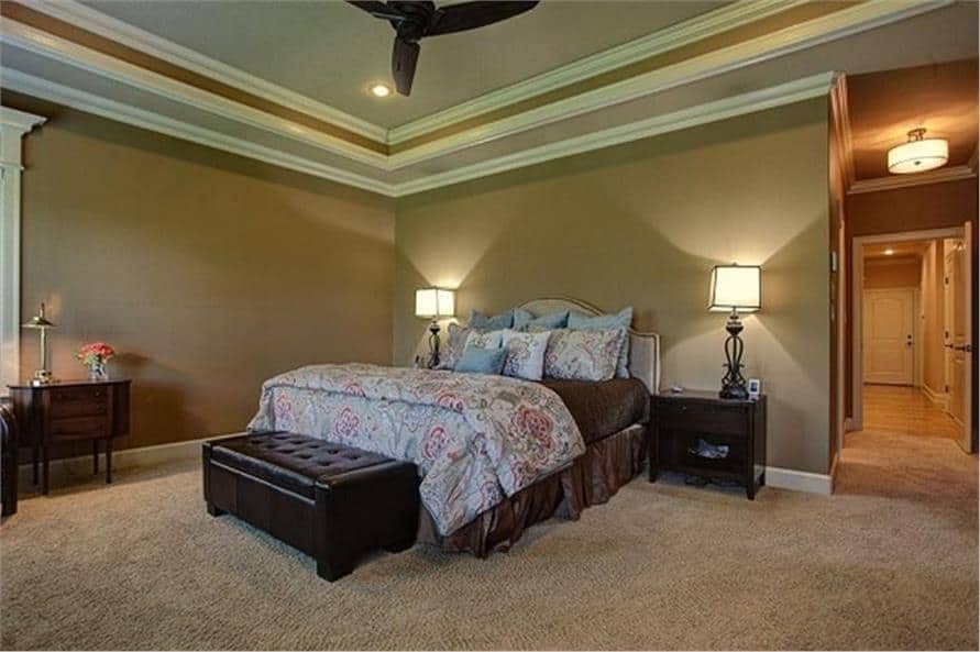 主卧室有托盘天花板，米黄色墙壁和地毯地板。