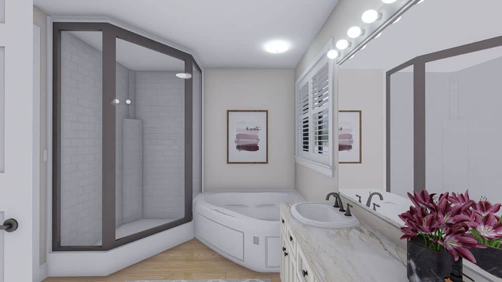 屋内还有一间步入式淋浴间，淋浴间用灰色镶边的玻璃板封闭。