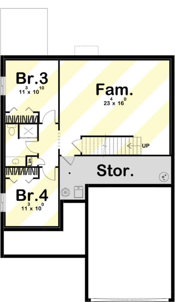 可选的低层平面图，设有第二个家庭房和两间卧室，共用门厅浴室。