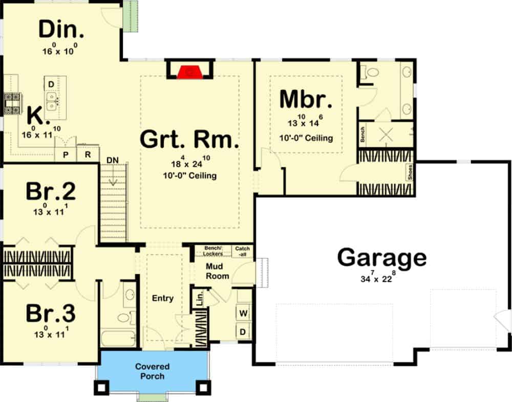 一个3间卧室的单层工匠住宅的主要楼层平面图，带有前廊、门厅、大房间、厨房、用餐区和一个通往3车位车库的储藏室。