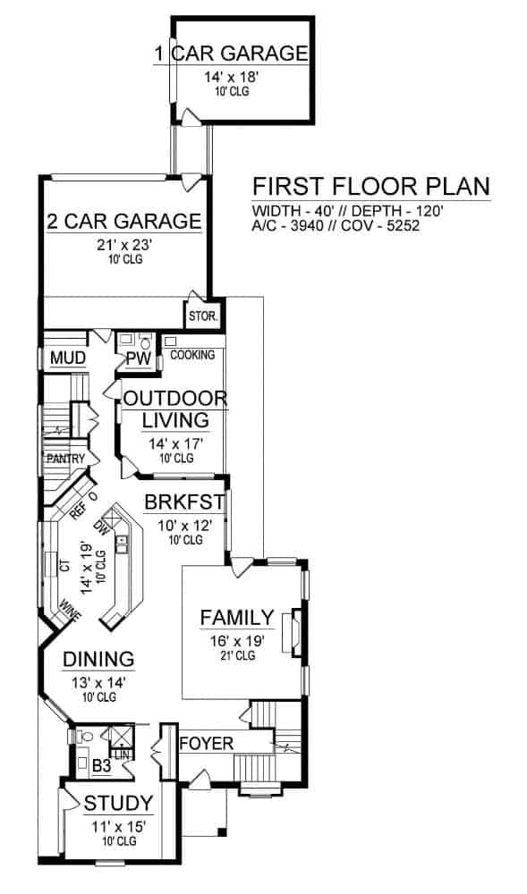 两层三卧室豪华当代住宅的主平面平面图，设有门厅，家庭活动室，用餐区，带早餐角的厨房，书房，户外生活和多个后车库。