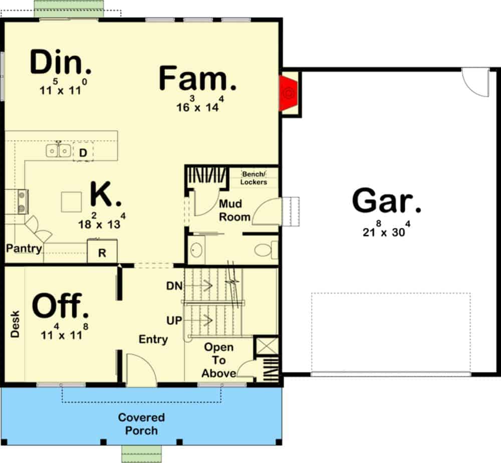 两层三卧室现代农舍的主要楼层平面图，带有前廊，入口，办公室，厨房，用餐区，家庭娱乐室和通往双车库的储藏室。