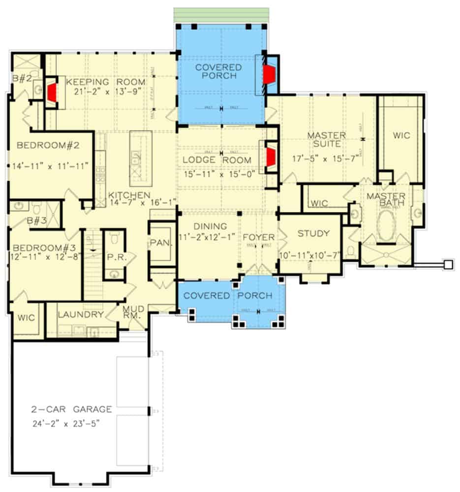 两层四卧室乡村工匠住宅的主要楼层平面图，带有前后门廊、门厅、正式餐厅、小屋、厨房、起居室、洗衣房、通往车库的储藏室，以及包括主卧室在内的三间卧室。
