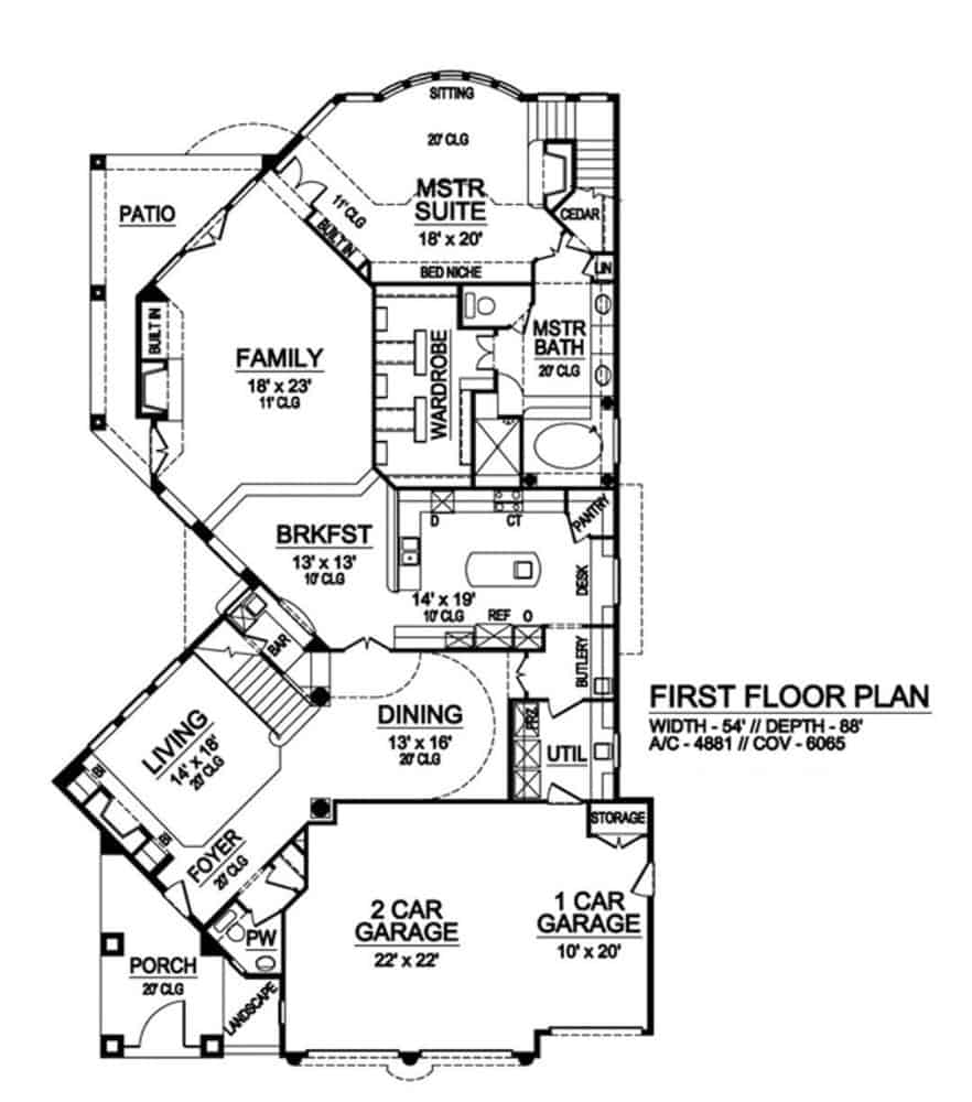 两层四卧室地中海住宅的主平面平面图，包括门厅、客厅、正式餐厅、早餐室、厨房、家庭活动室、主套房和连接3车位车库的杂物间。