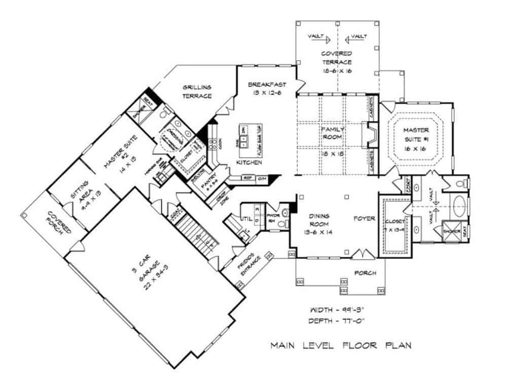 两层4卧室传统风格住宅的主楼层平面图，设有门厅，正式餐厅，家庭活动室，带早餐角的厨房，两个主要套房和充足的户外空间。