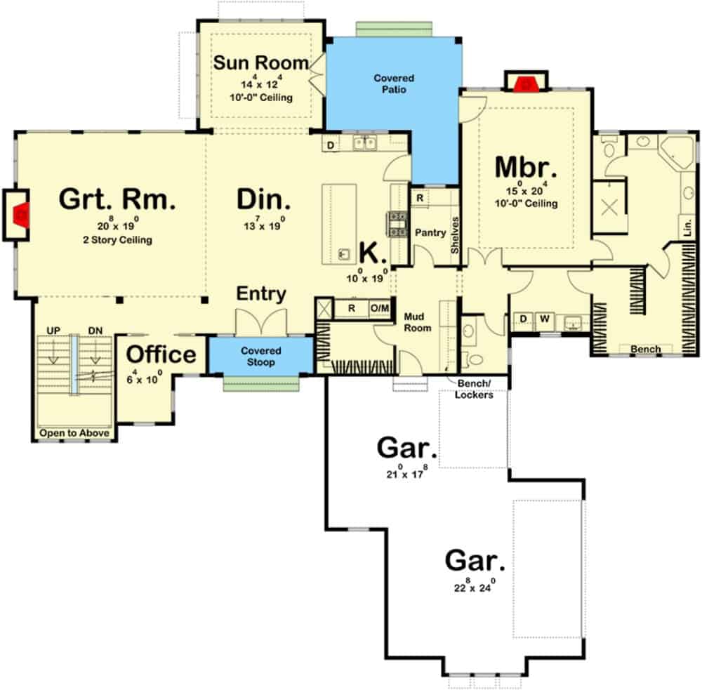 两层4卧室过渡住宅的主平面平面图，设有门厅，用餐区，大房间，厨房，阳光房，办公室，主套房和通往车库的储藏室。