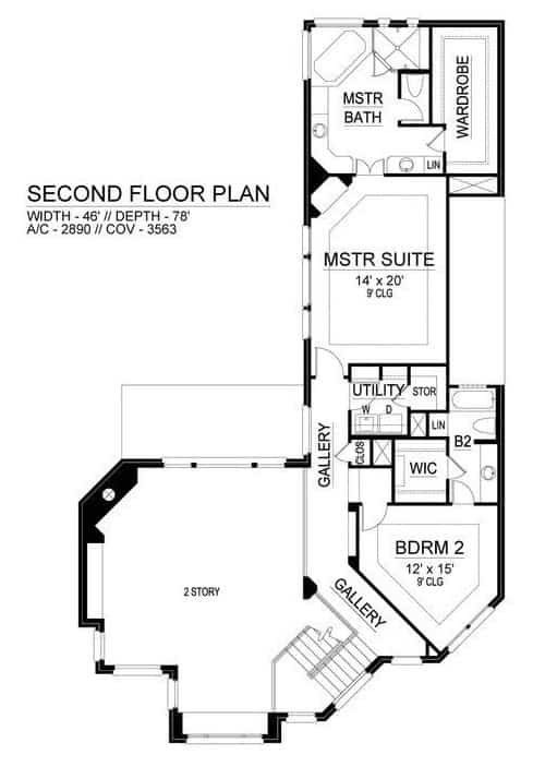 二层平面图有两间卧室套房和一个阳台，可以俯瞰下面的家庭娱乐室。