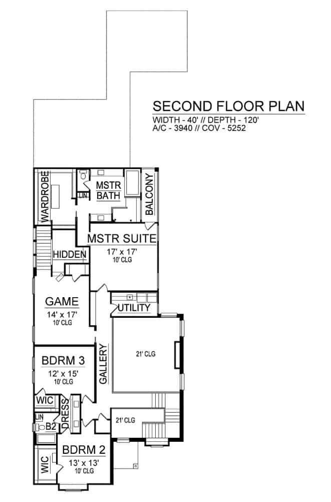 二楼平面图有三间卧室，两间浴室，杂物间和一个带隐藏房间的游戏阁楼。