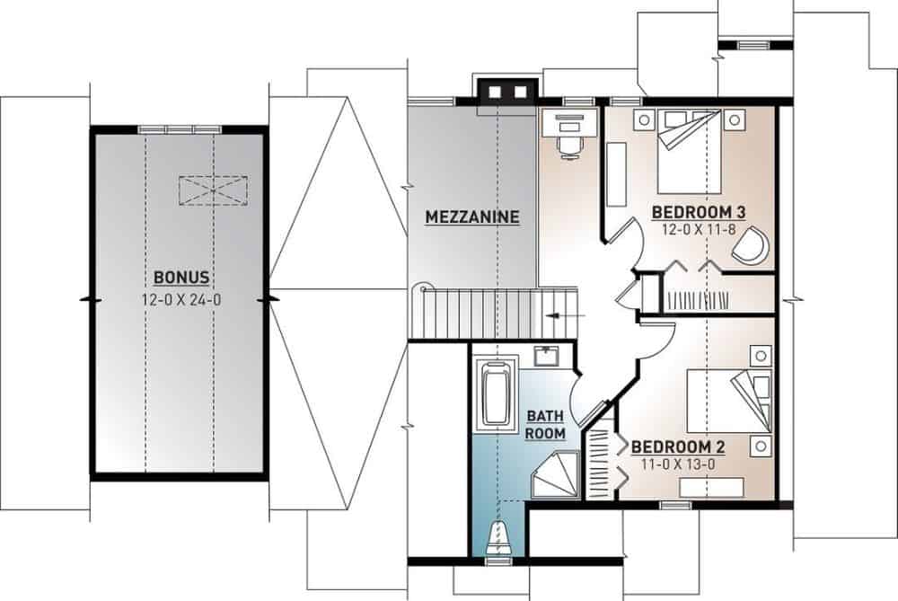 二级平面图有两间卧室共享一个完整的浴室还有一个额外的房间上面的车库。