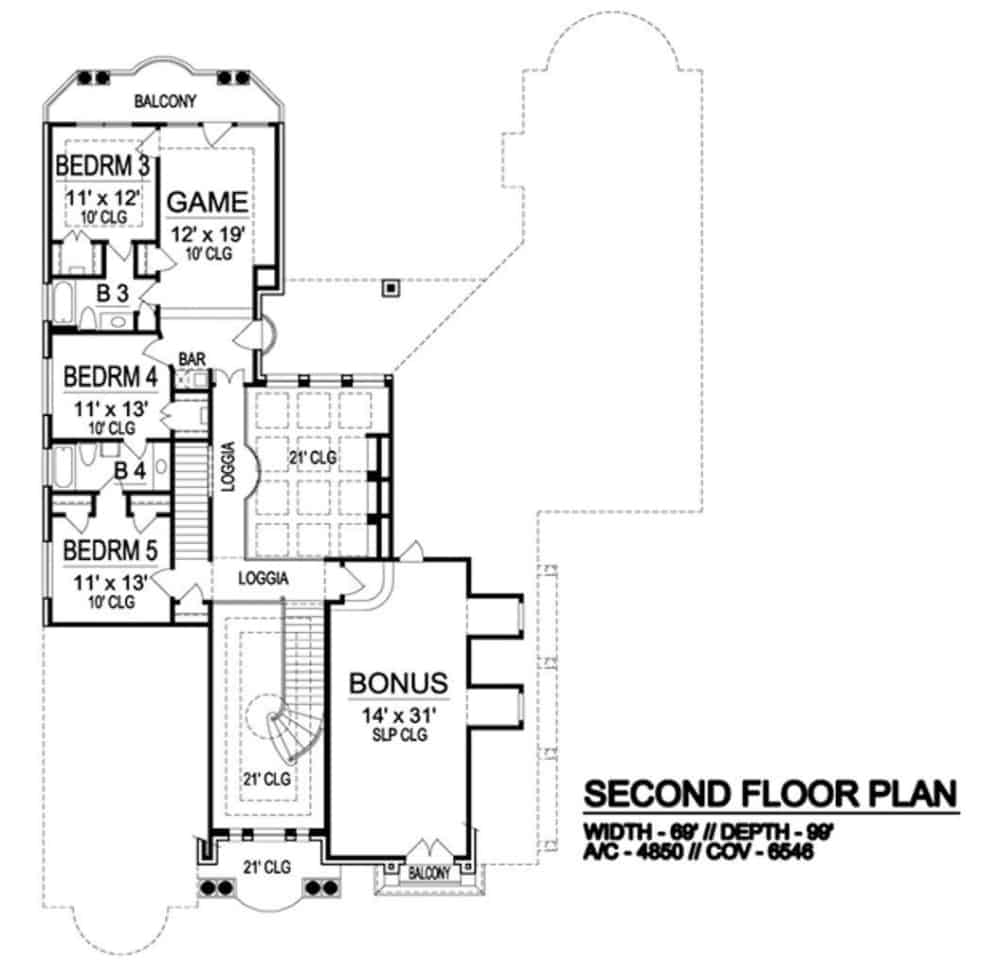 二楼平面图，有三间卧室，一间游戏室，以及三层车库上方的奖金室。