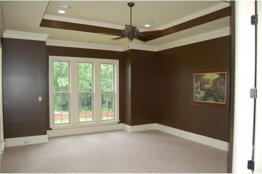 主卧室设有三面镶板窗、棕色墙壁、地毯地板和优雅的托盘天花板，天花板上安装了风扇。