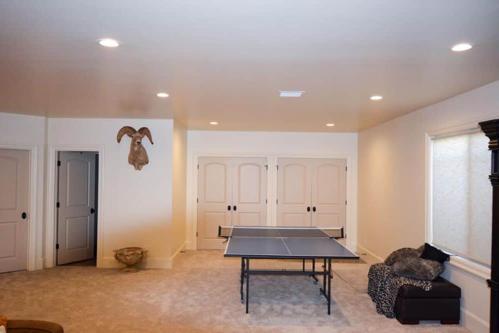 地下室包括一个乒乓球桌和存储壁橱封装在白色法式大门。