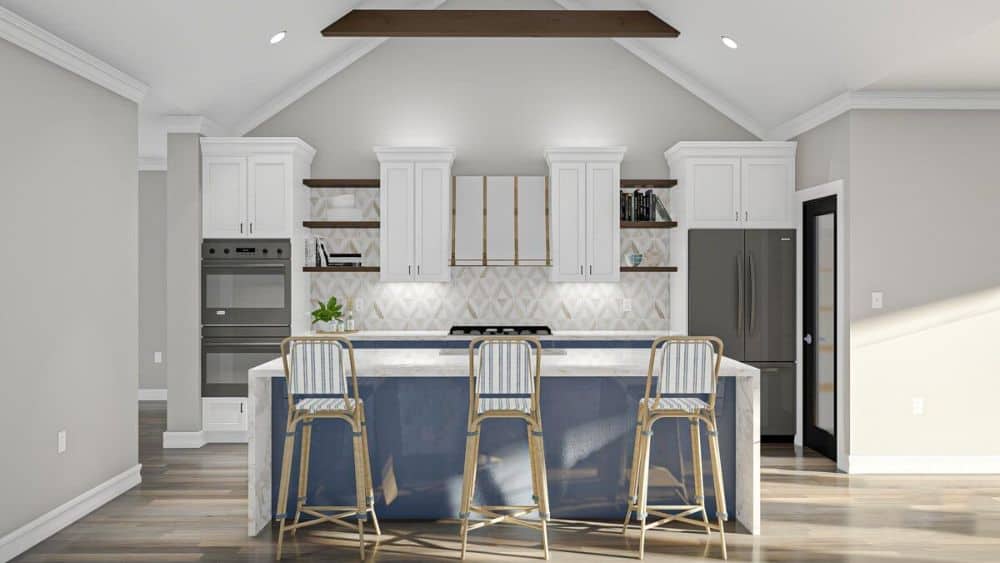 厨房提供白色橱柜，石板电器，蓝色中心岛搭配条纹柜台椅。