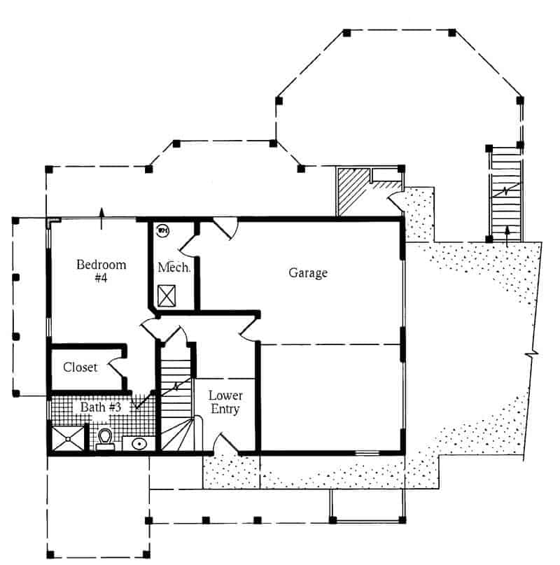 较低的楼层平面图，较低的入口，卧室和车库。