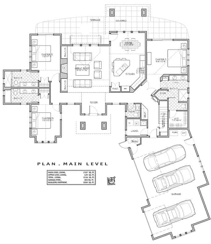一个3间卧室的两层工匠住宅的主要平面平面图，带有前后门廊、门厅、大房间、用餐区、厨房、三个主要套房和通往倾斜车库的储藏室。