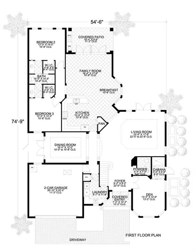3主级平面图的卧室两层高的地中海与前后门廊,门厅,正式饭厅,客厅,厨房,客厅,窝,两间卧室共享一个杰克和吉尔浴。