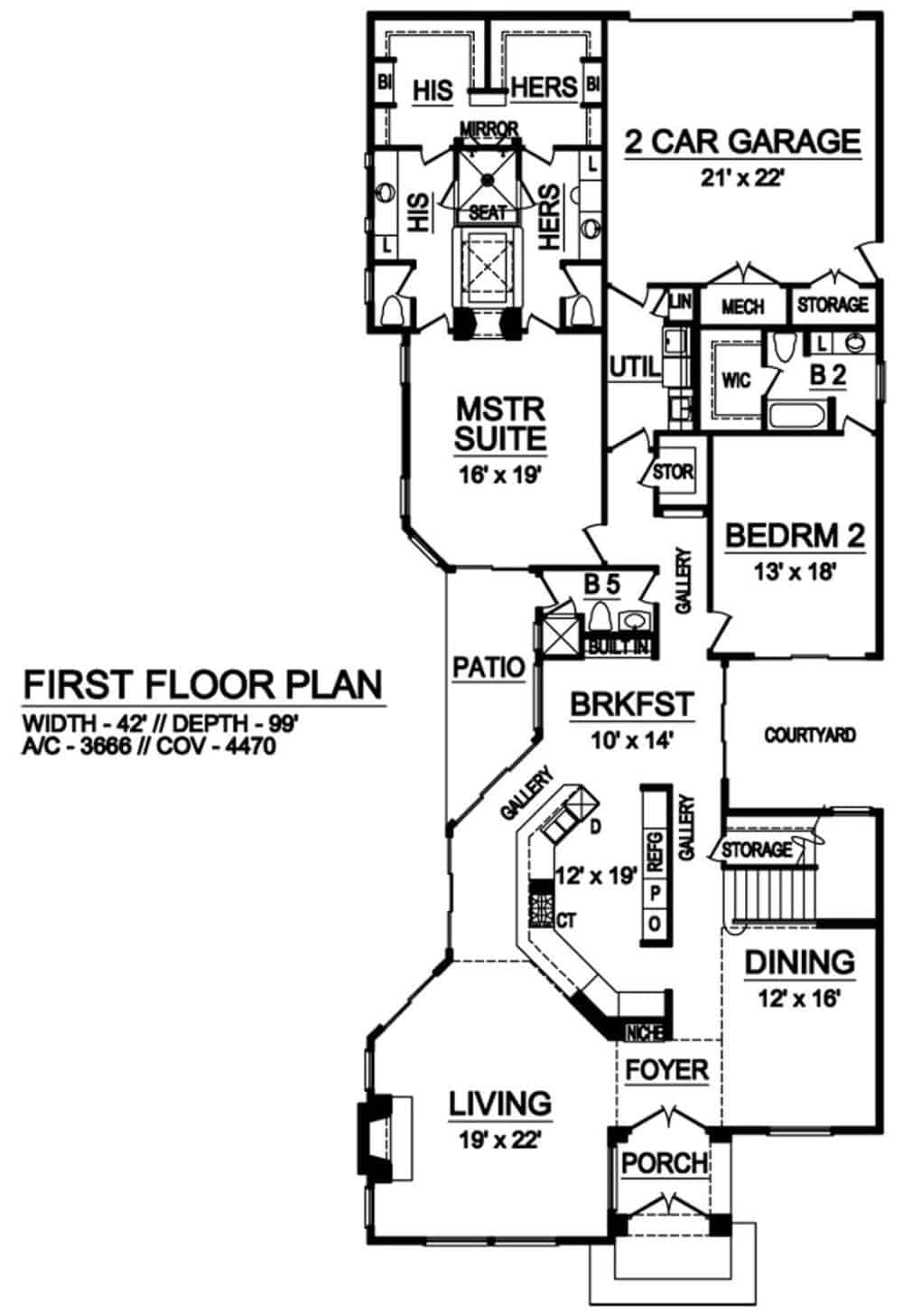 一个两层四卧室的当代住宅的主要楼层平面图，设有门厅，正式餐厅，客厅，厨房，朝庭院开放的早餐角，以及两间卧室，包括主要套房。