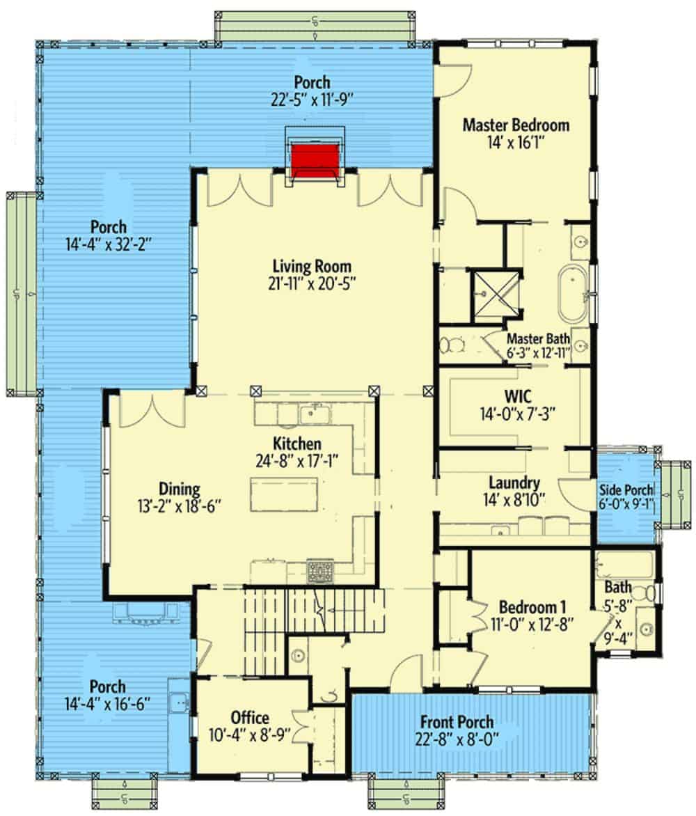 两层四卧室乡村住宅的主要楼层平面图，设有客厅，厨房，用餐区，办公室，洗衣房，两间卧室和一个环绕式门廊。