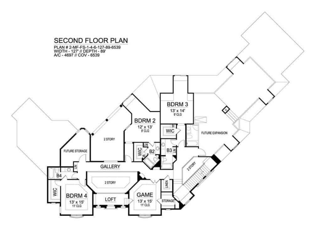 二层平面图有三间卧室，一间阁楼，游戏室和许多未来空间。