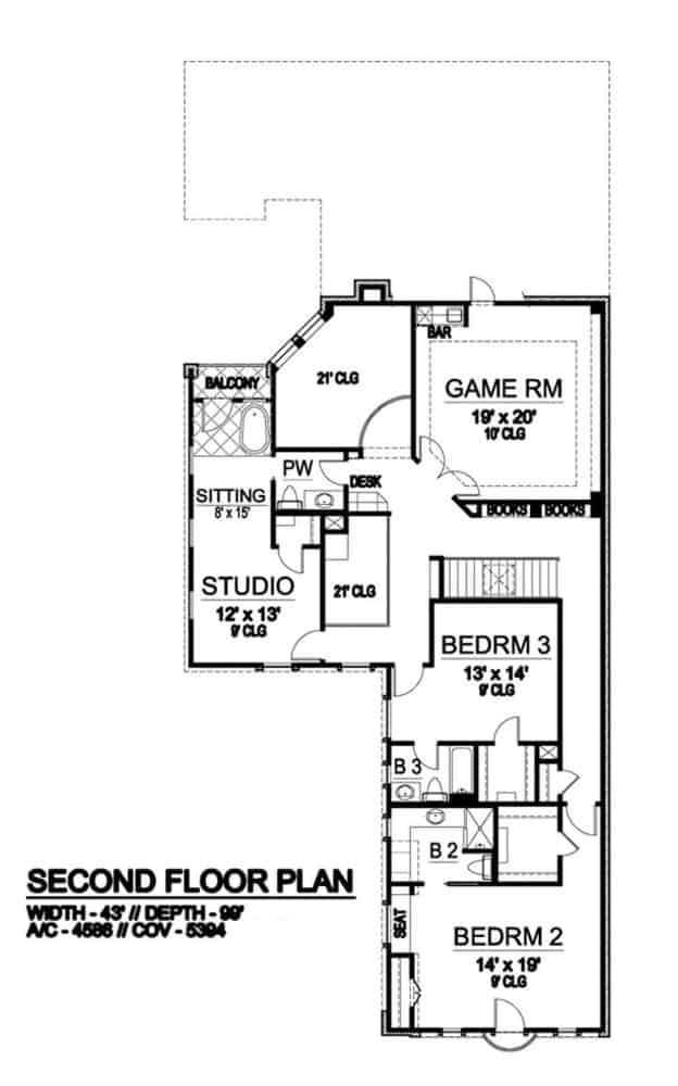 二级平面图和两个卧室套房,一个游戏房间,客厅和阳台的工作室。