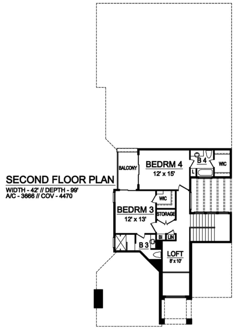二层平面图带有阁楼和两间卧室套房。