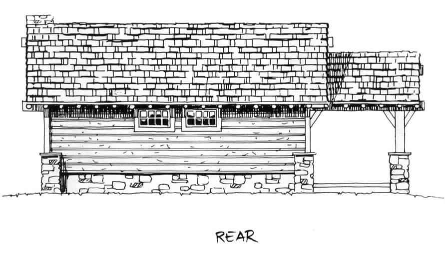 两居室单层乡村小屋的后立面草图。