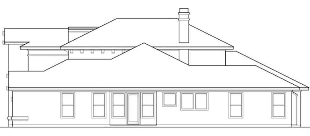 4间卧室的两层地中海式住宅的右立面草图。