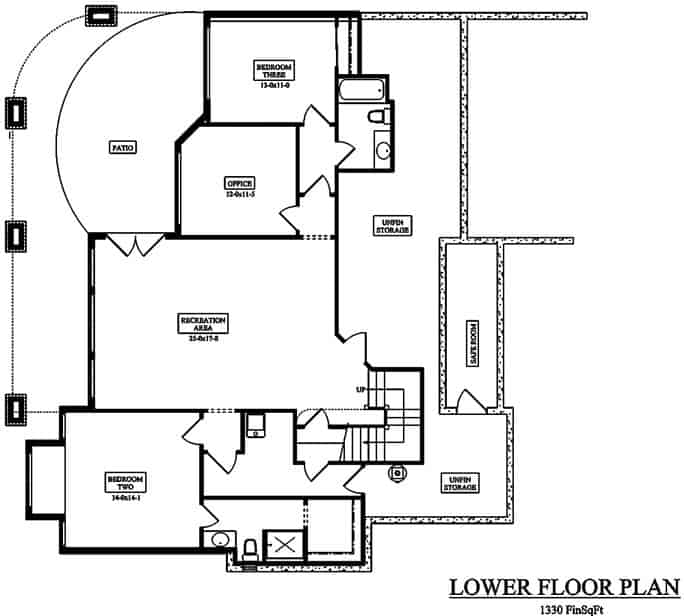 低层平面图有两间卧室、办公室和延伸到露台上的娱乐室。