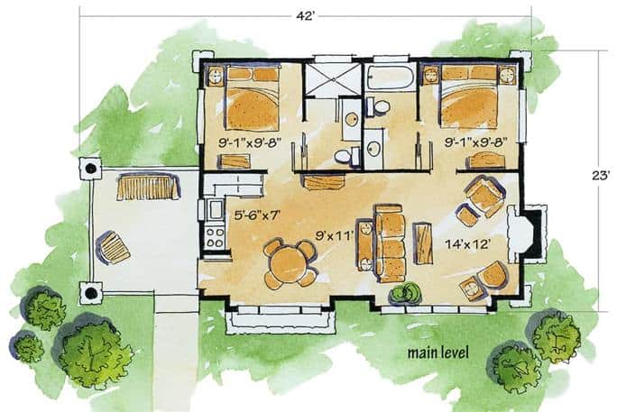 2卧室单层乡村小屋的主楼层平面图，设有客厅，用餐区，厨房，两卧室套房和侧廊。