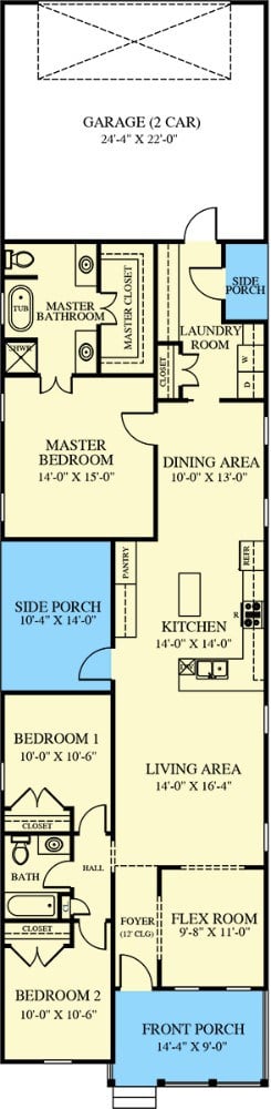 三卧室单层乡村小屋的主平面平面图，有前侧门廊，灵活的房间，起居区，厨房，用餐区和通往后车库的洗衣房。