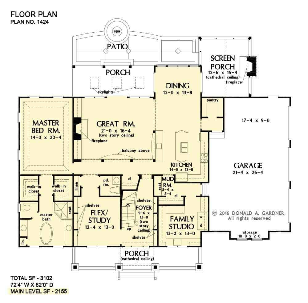 Blarney农舍的主层平面图，带有前后门廊、门厅、伸缩/书房、大房间、用餐区、厨房、主要套房、家庭工作室和通往车库的储藏室。