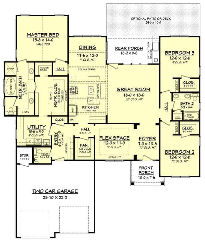 单层3卧室工匠风格住宅的主要楼层平面图，带有前后门廊，门厅，正式餐厅，大房间，厨房，早餐角和通往车库的杂物间。