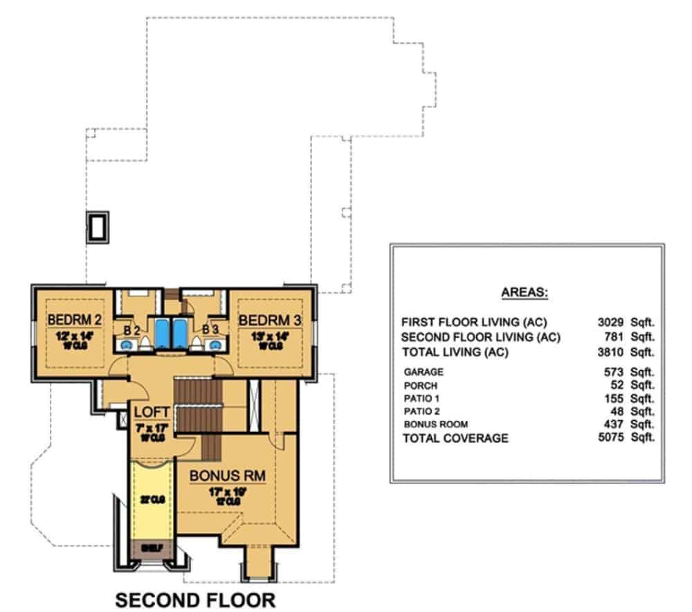 二级平面图和两个卧室套房,阁楼和奖金的房间。