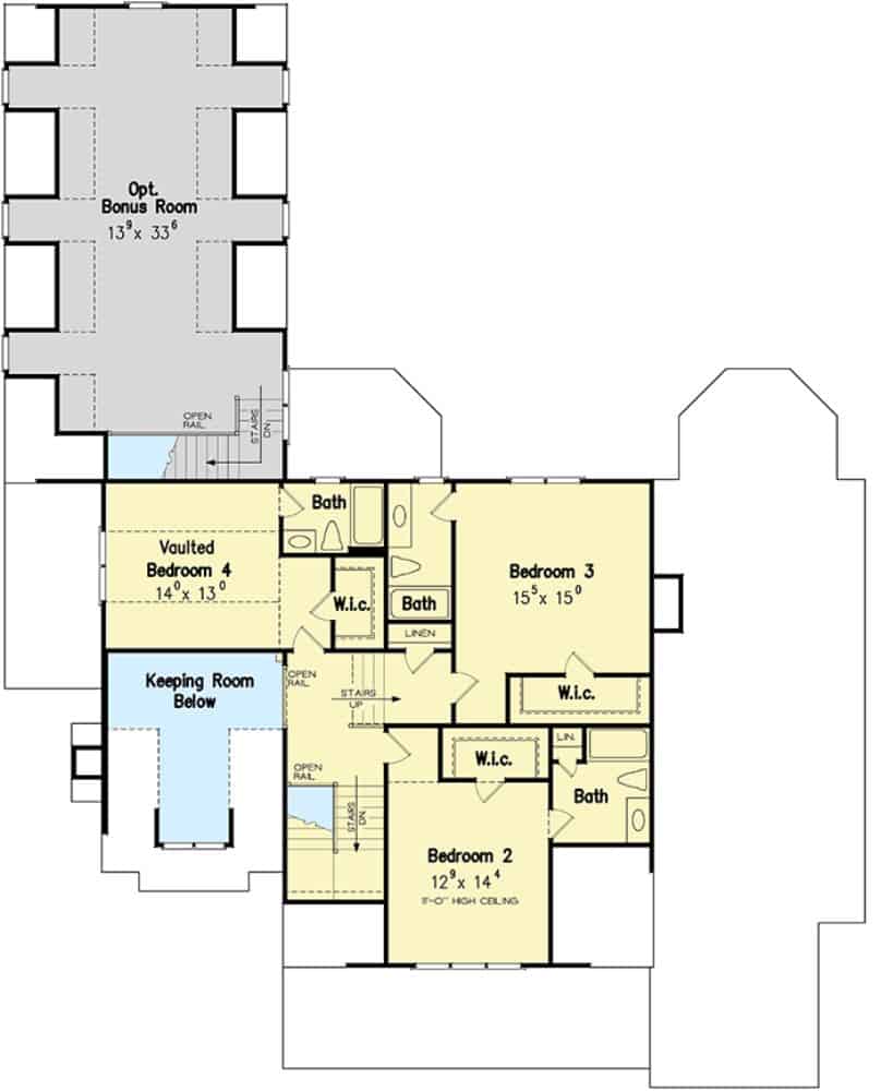 二层平面图有三间卧室套房和车库上方的奖励房间。