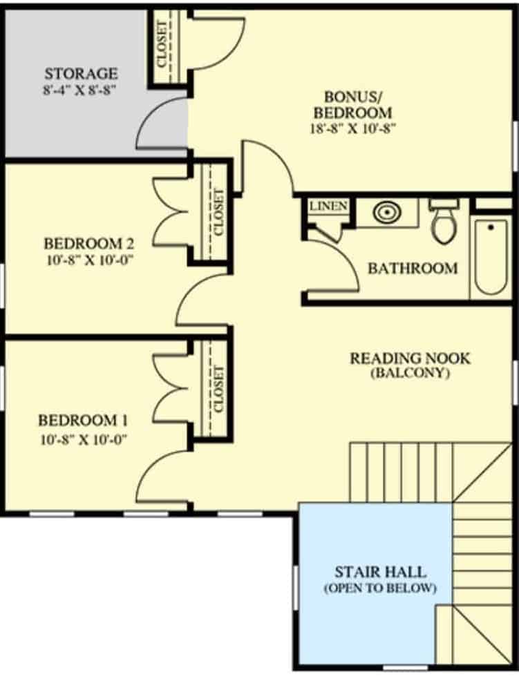 二层平面图带有阅读角和三间卧室，共享一个完整的浴室。